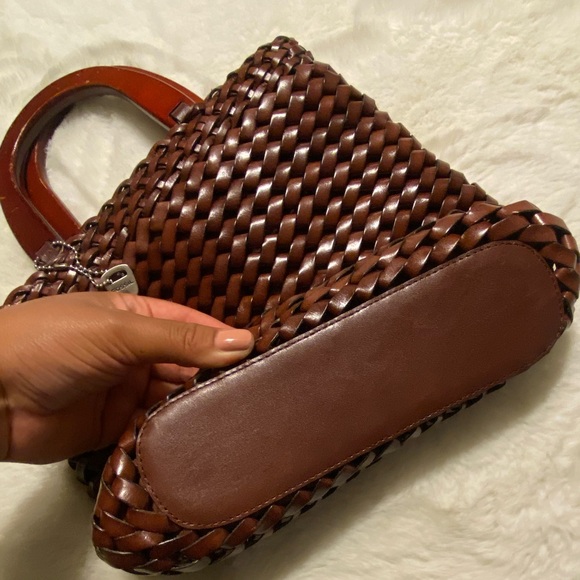 Vintage leather Fossil wooden handle weave brown bag with key charm - Picture 5 of 11